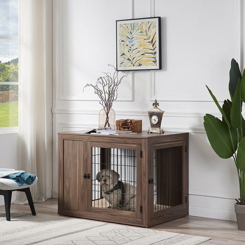 Walnut Large Dog Crate End Table with Cushion