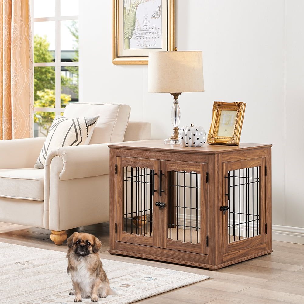 Walnut Medium Wooden Dog Crate End Table with Bed