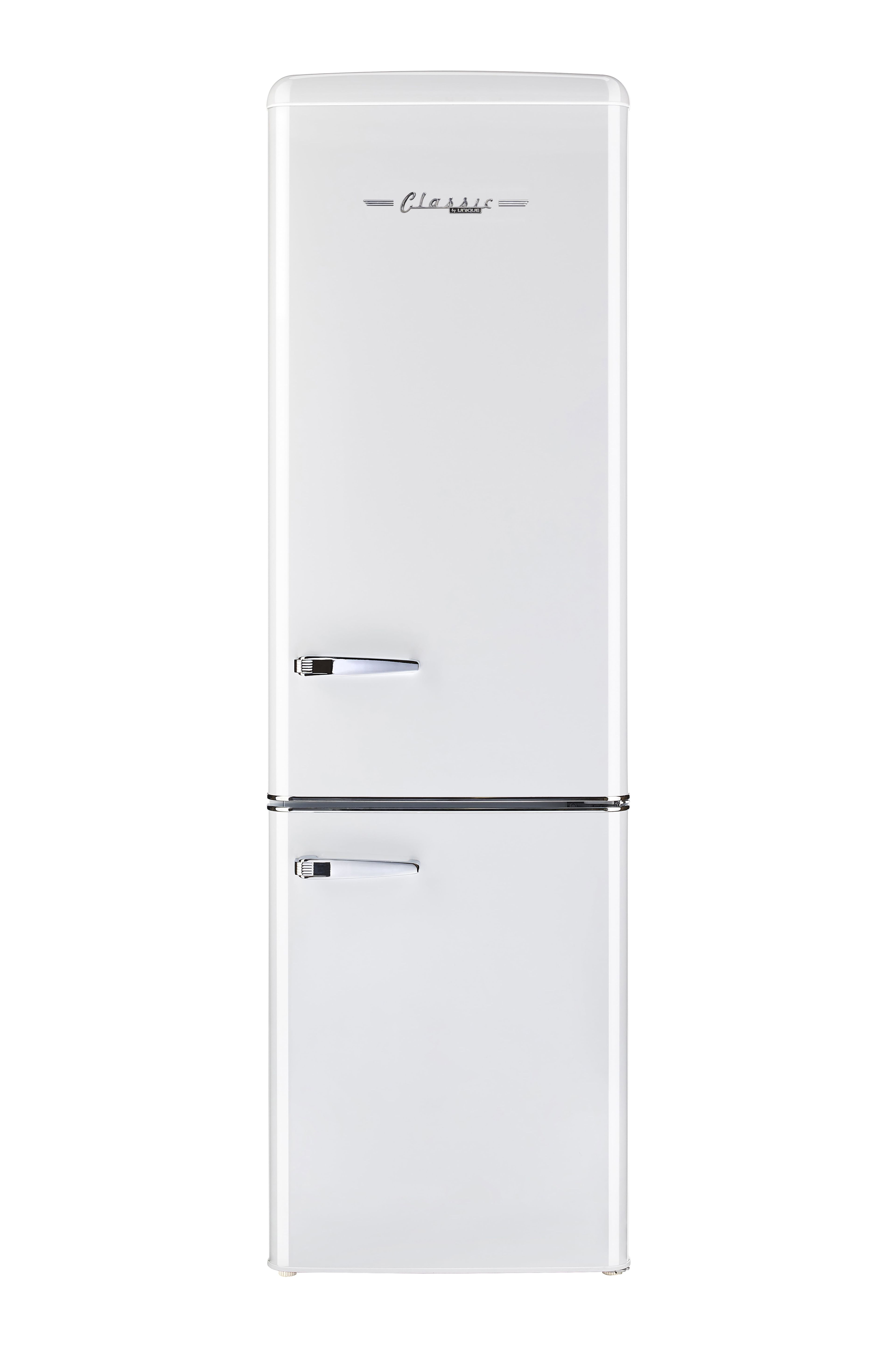 Marshmallow White Retro Bottom Freezer Refrigerator with Chrome Accents