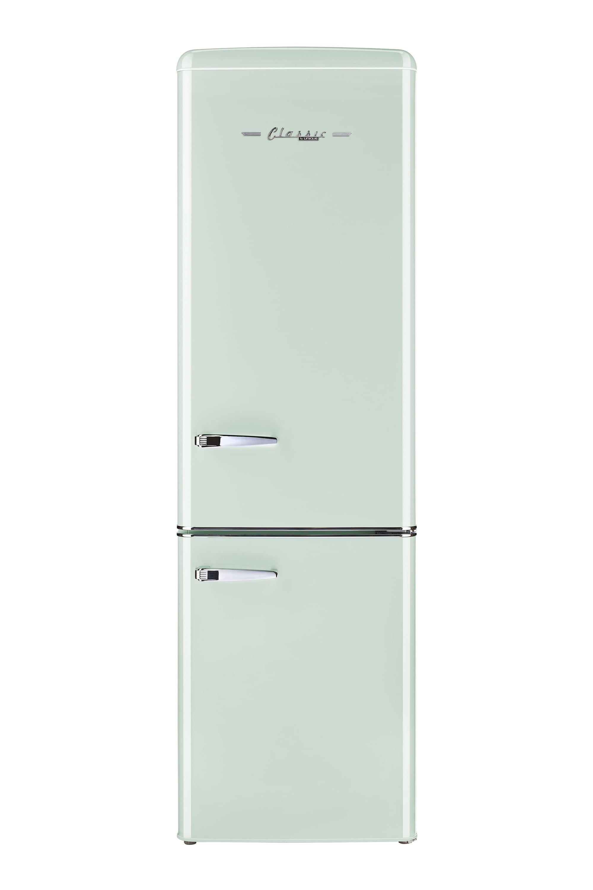 Summer Mint Green Retro Bottom Freezer Refrigerator with Chrome Accents