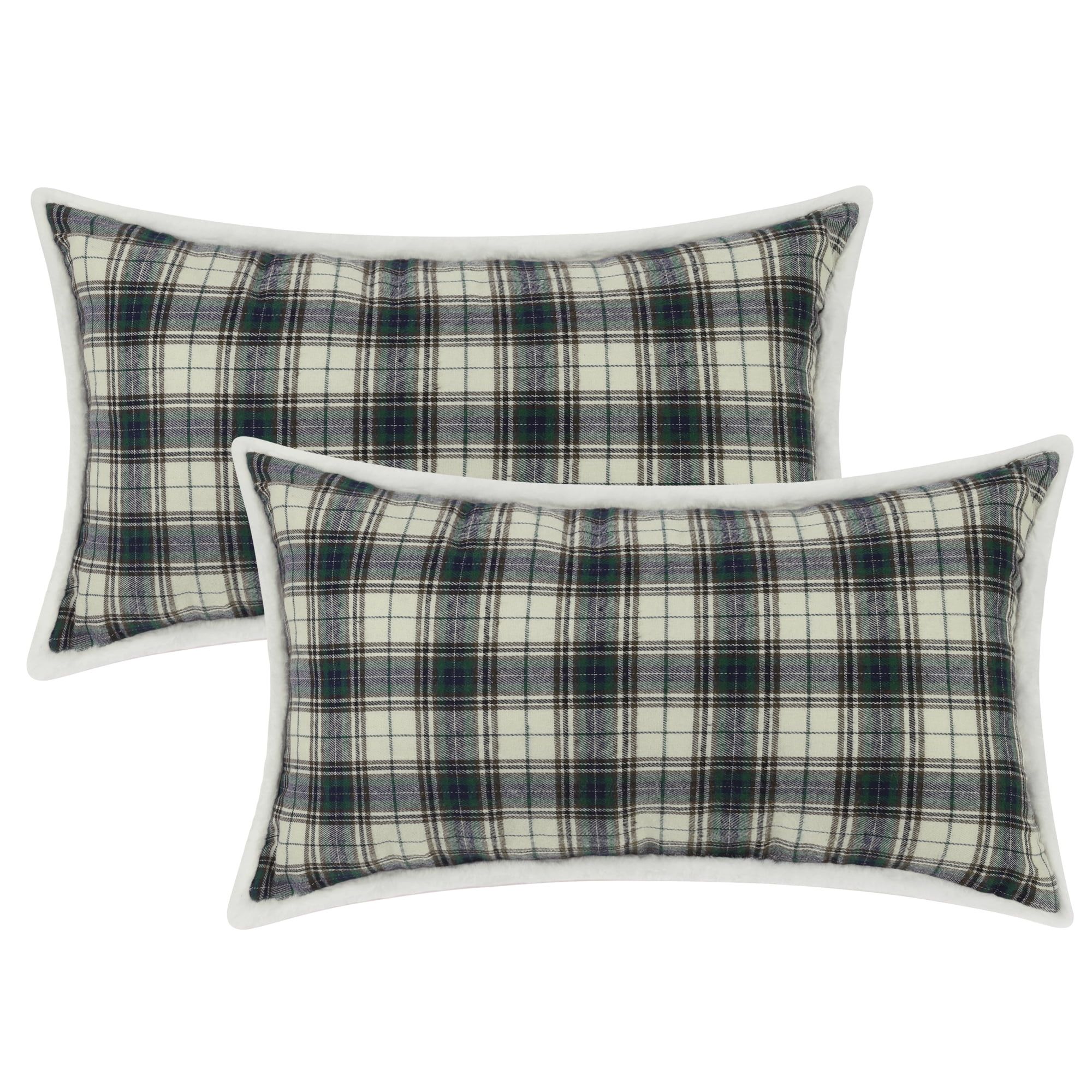 Light Green Plaid Cotton Polyester Rectangular Pillow Covers 12" x 20"