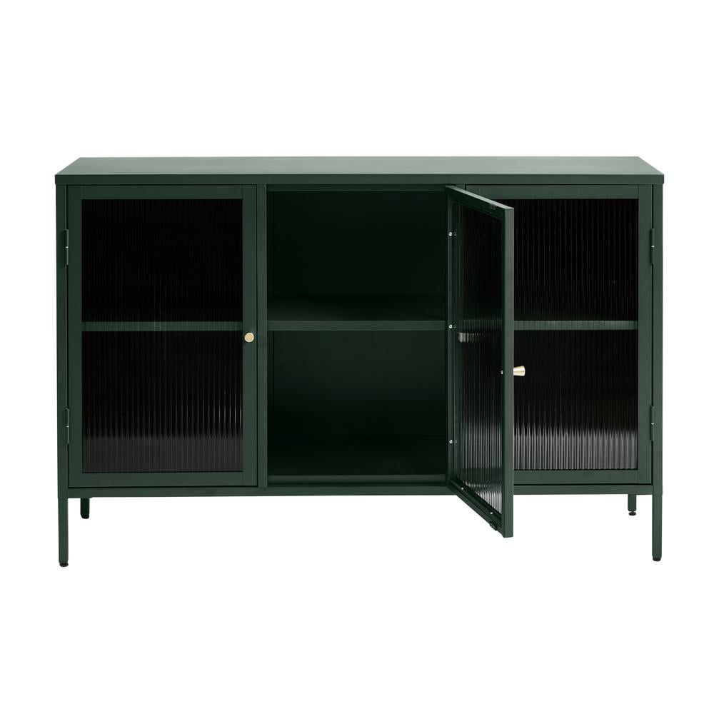 Green Metal and Glass 3-Door Sideboard with Adjustable Shelves