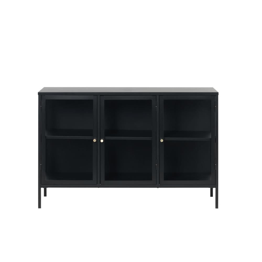 Black Metal and Glass 3-Door Sideboard with Brass Knobs