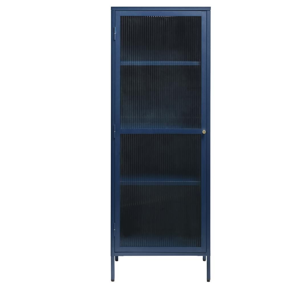 Blue Metal and Glass 63" Display Cabinet with Golden Handle