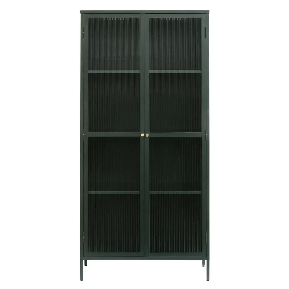 75" Green Metal and Glass China Cabinet with Golden Handles