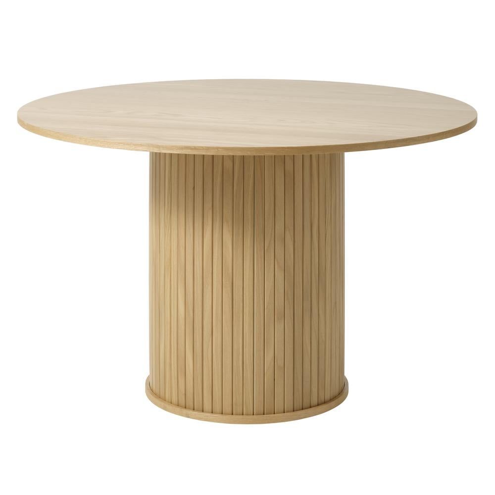 Round Natural Wood Pedestal Dining Table with Slatted Base