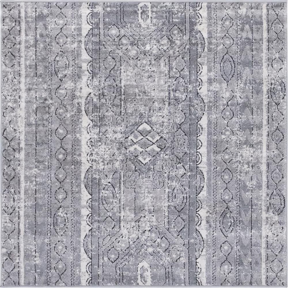 Gray Geometric Square Stain-Resistant Area Rug