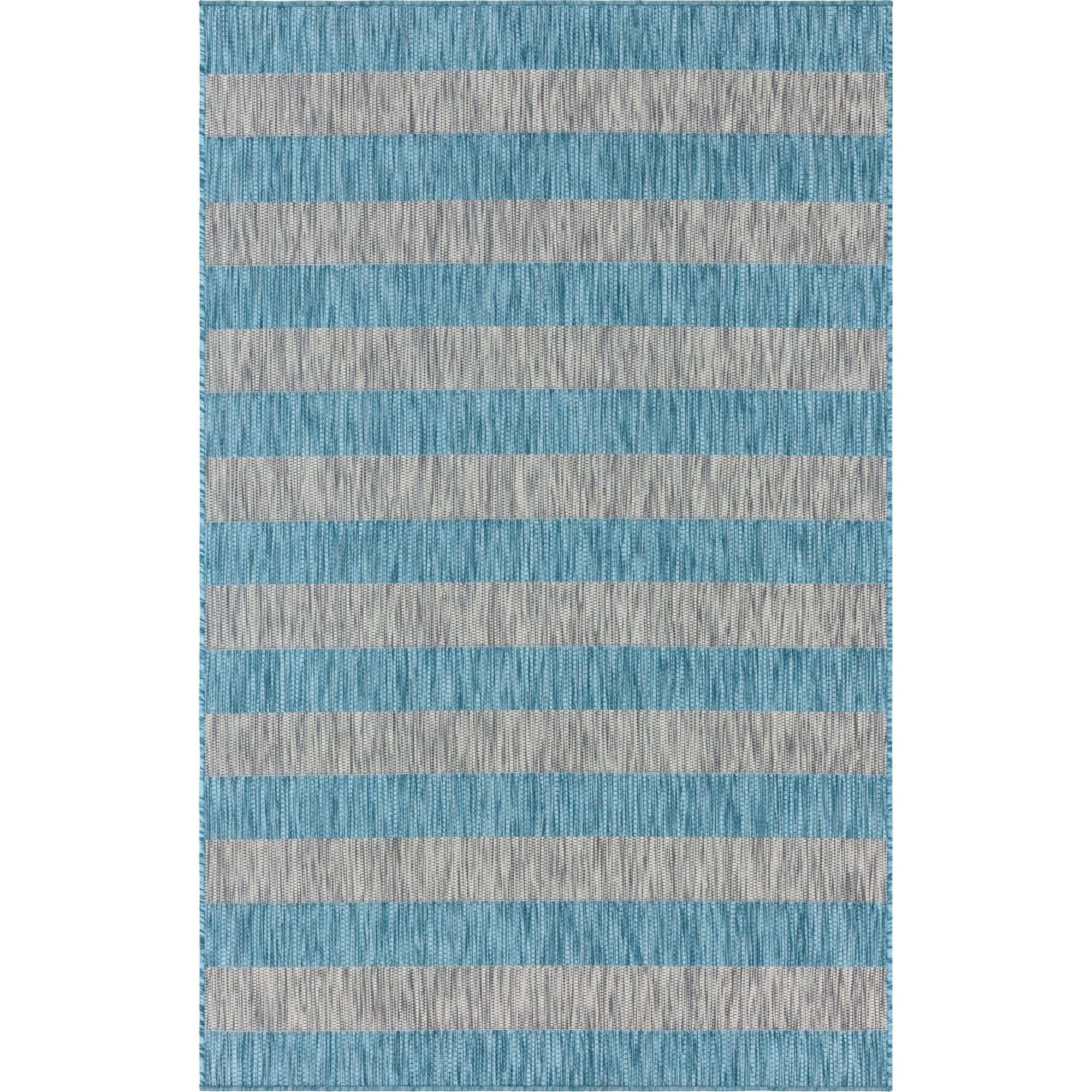 Aqua Blue and Ivory 5' x 8' Synthetic Striped Outdoor Rug