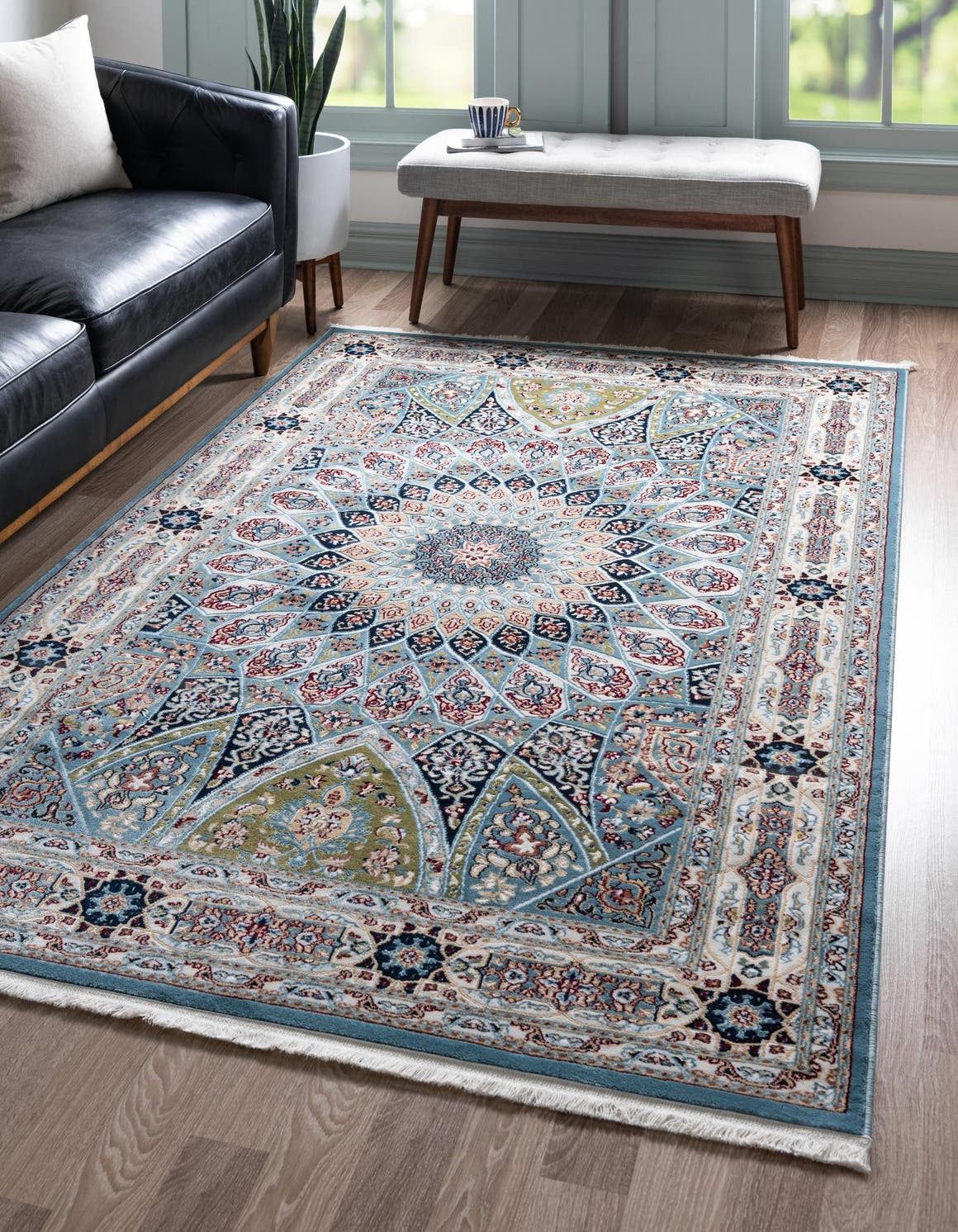 Blue Floral Rectangular Stain-Resistant Area Rug 10' x 13'