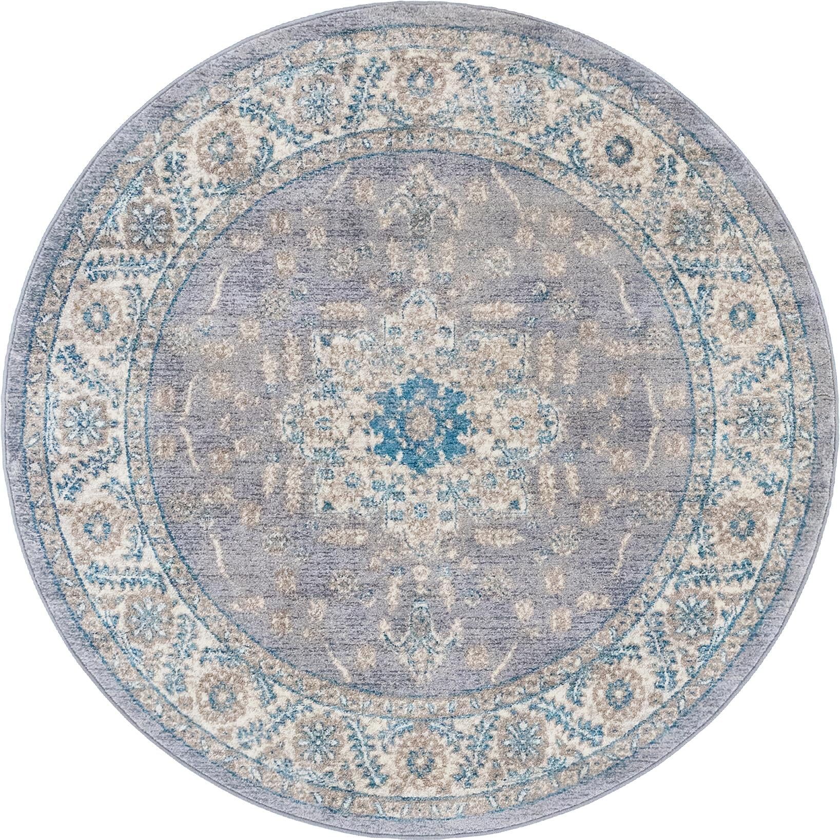 Salzburg Floral Medallion 5'1" Round Rug in Gray - Stain-Resistant