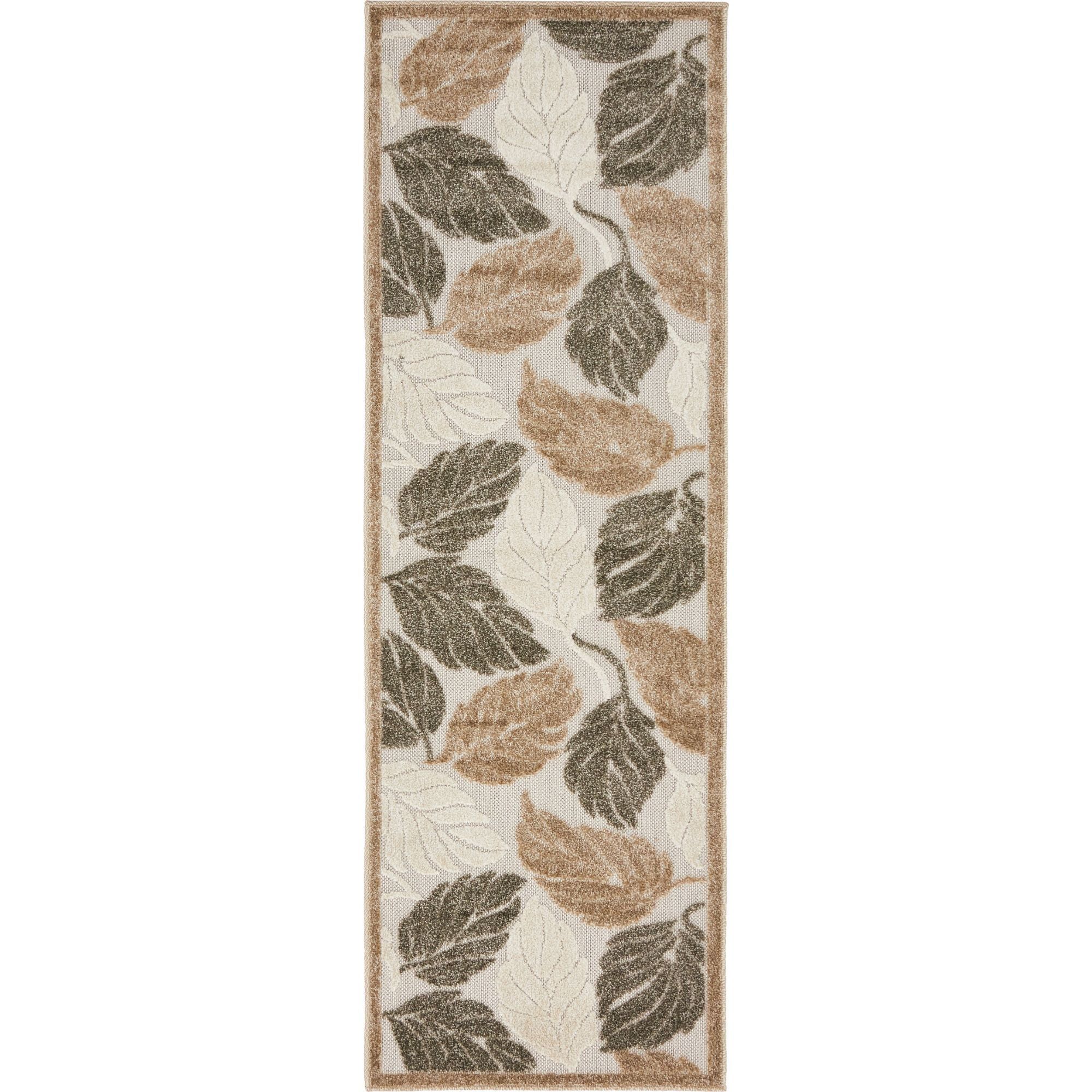 Tranquil Leaf Pattern 2' x 6' Runner Rug in Beige and Brown for Indoor/Outdoor Use