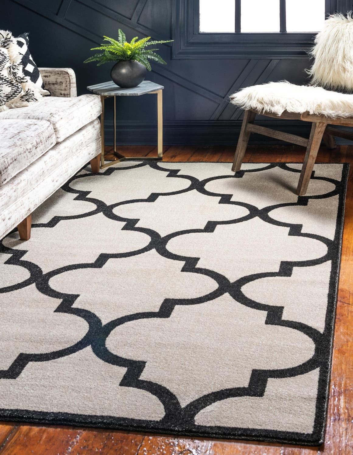 Beige and Black Trellis 7' x 10' Rectangular Easy Care Rug