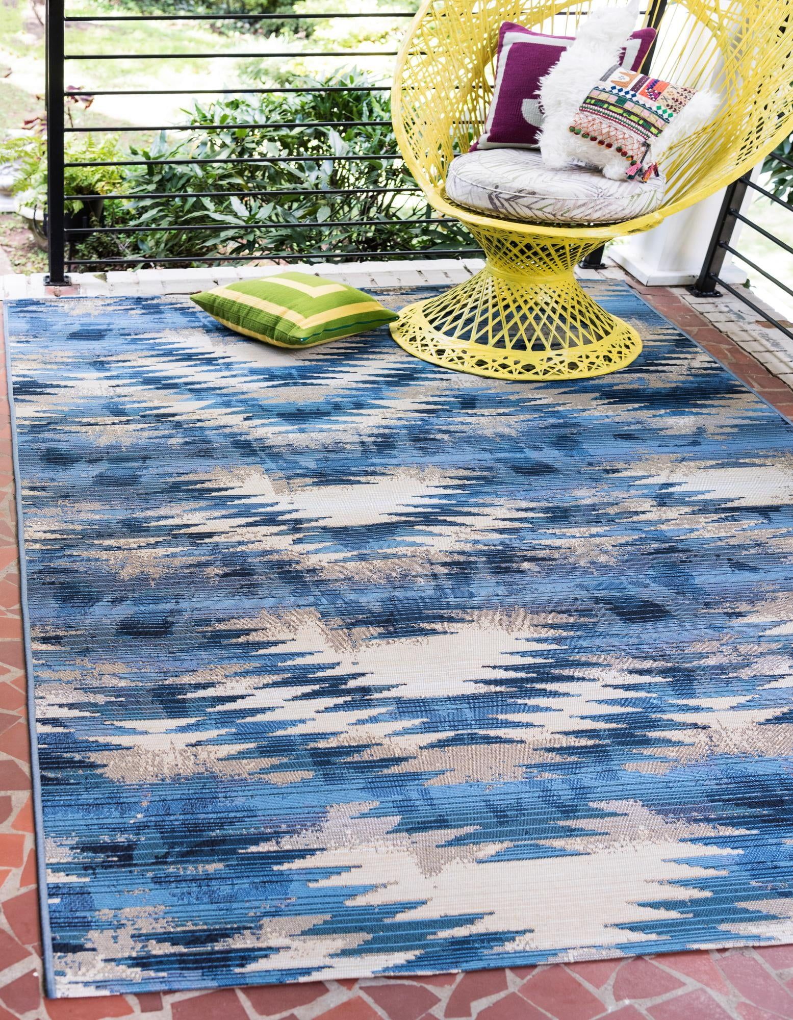 Aztec Blue and Beige Rectangular Outdoor Rug