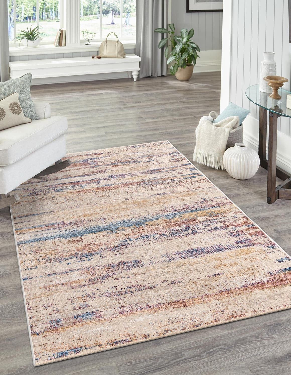 Rectangular Blue Abstract Stain-Resistant Synthetic Rug