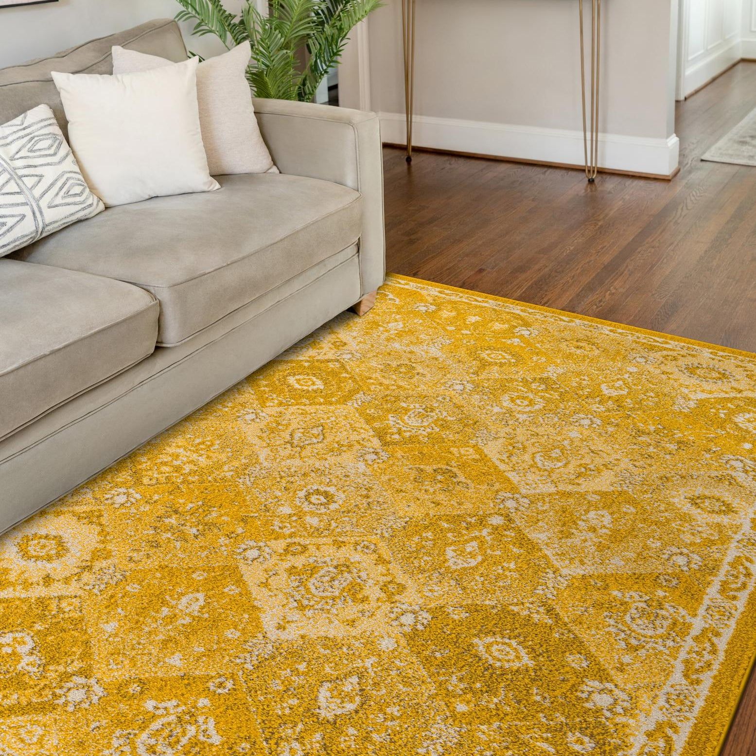 Bright Yellow Rectangular Synthetic Indoor Area Rug