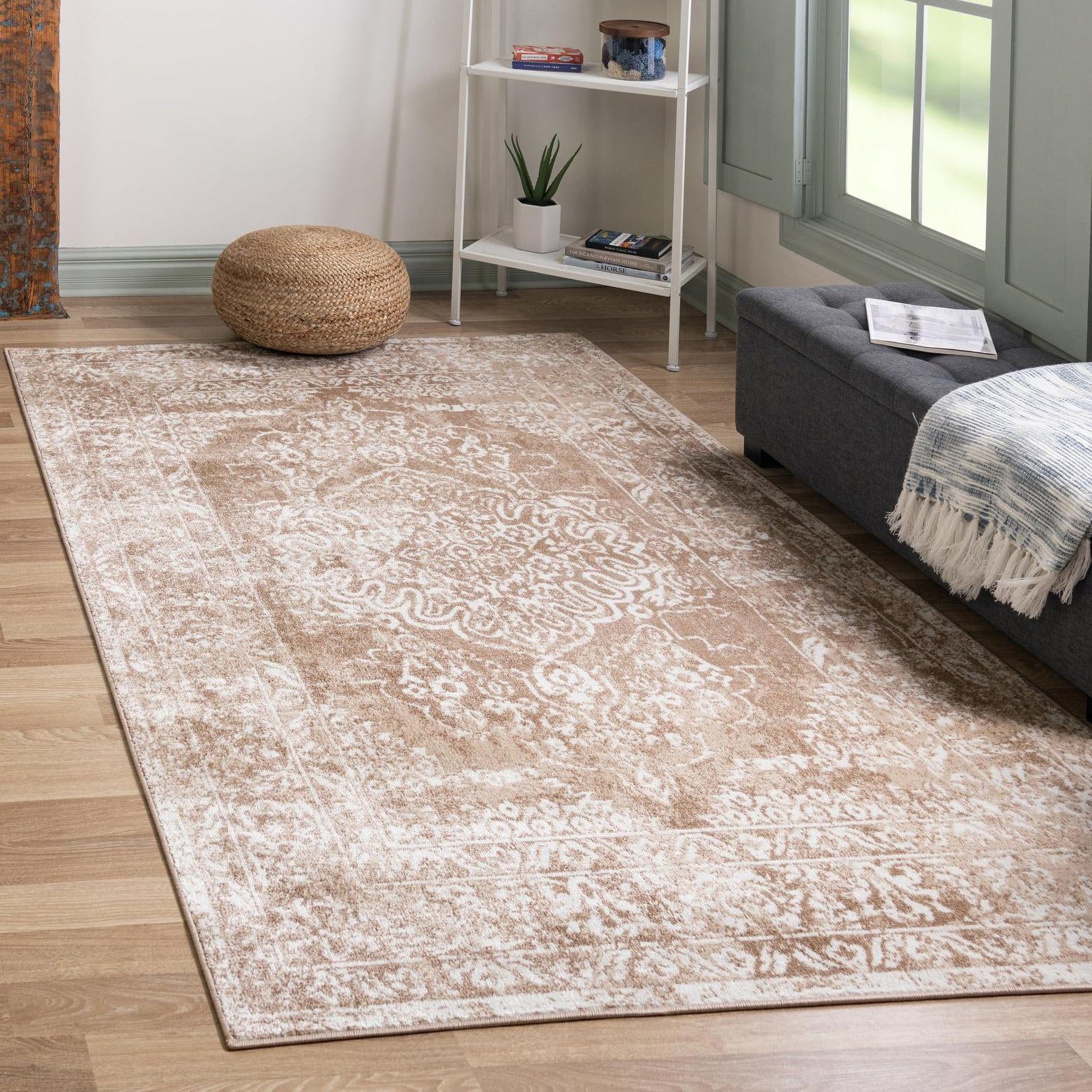 Beige Floral Rectangular Stain-Resistant Synthetic Area Rug