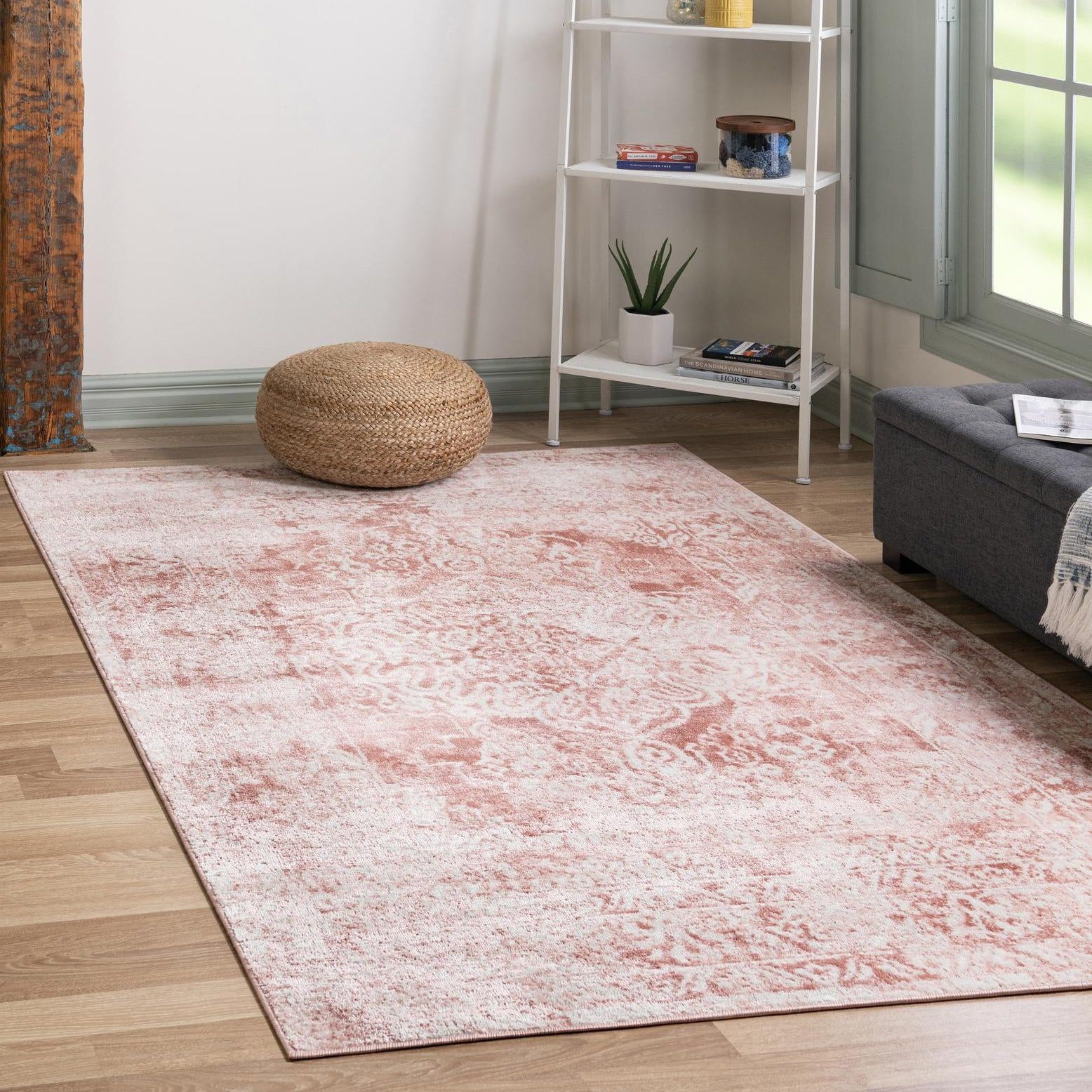 Rectangular Pink and Ivory Floral Easy Care Rug