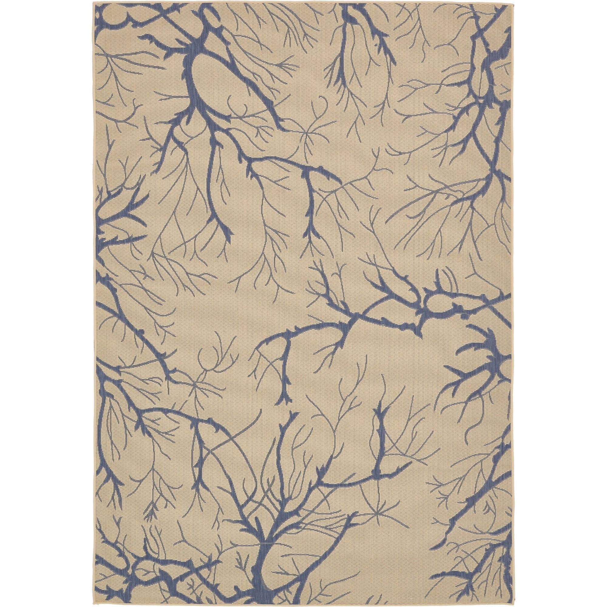 Beige and Blue Botanical Branch Outdoor Area Rug 7' x 10'