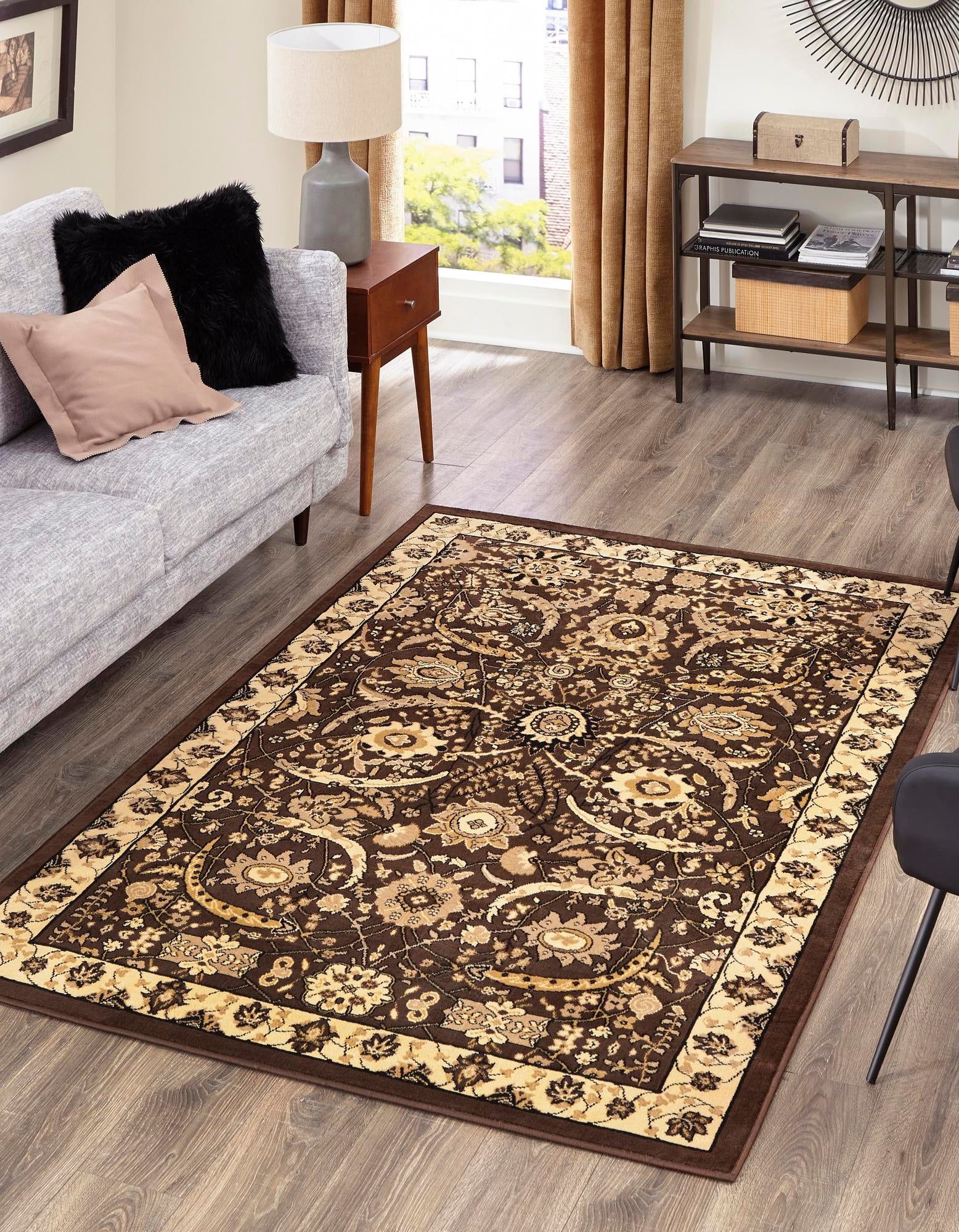 Elegant Espahan Brown Synthetic Rectangular Rug 5' x 8'