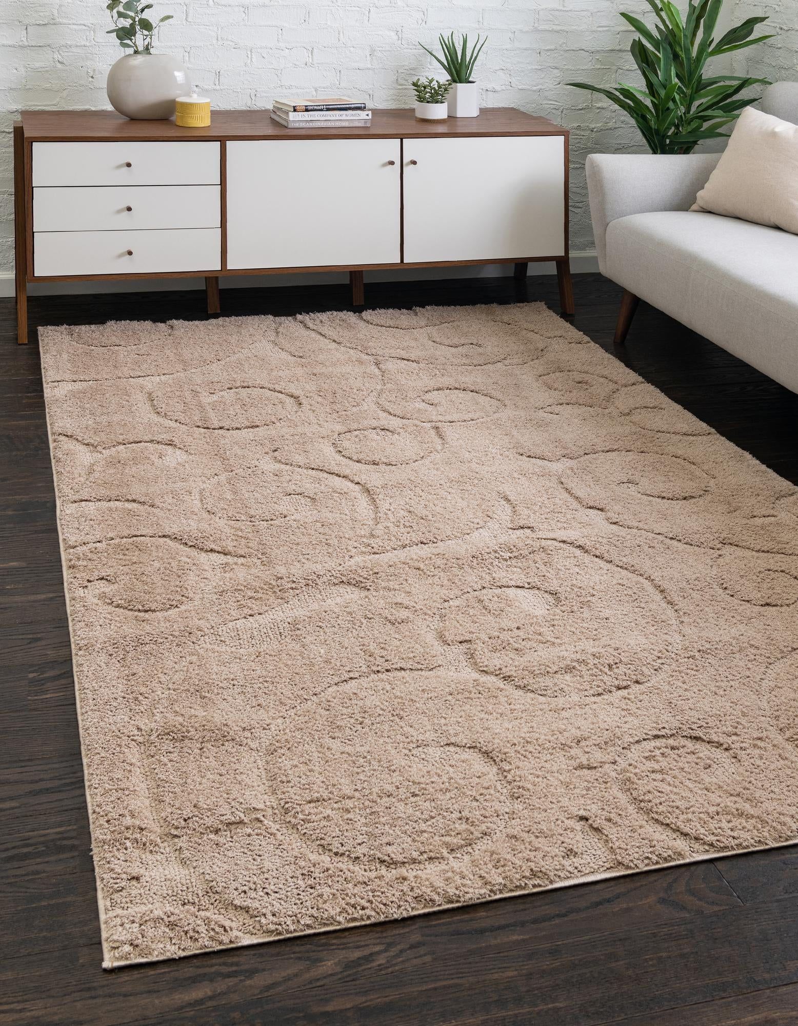 Light Brown Floral Shag Easy-Care Rectangular Area Rug, 9' x 12'