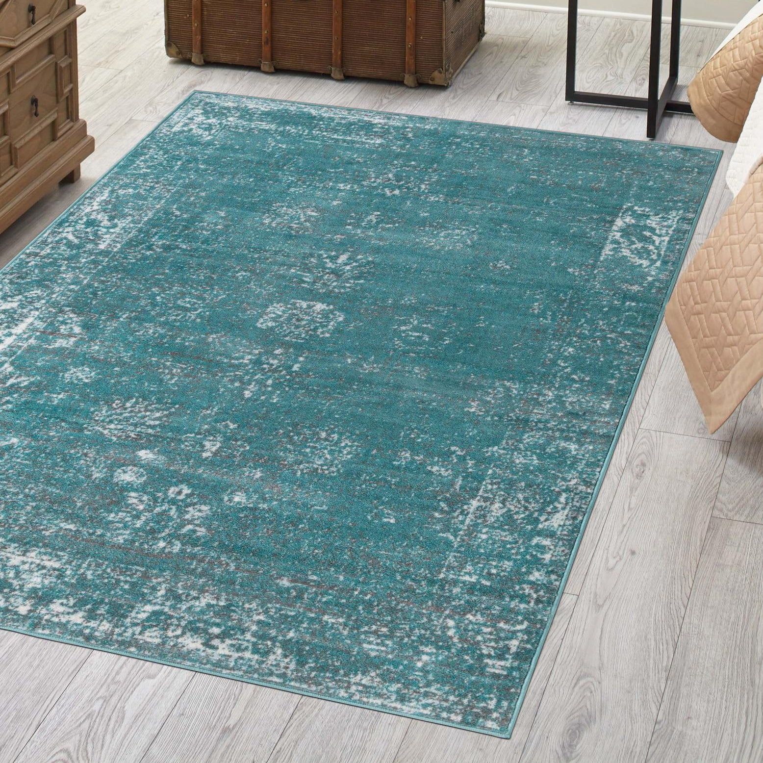 Turquoise Synthetic Floral Motif Low Pile Area Rug