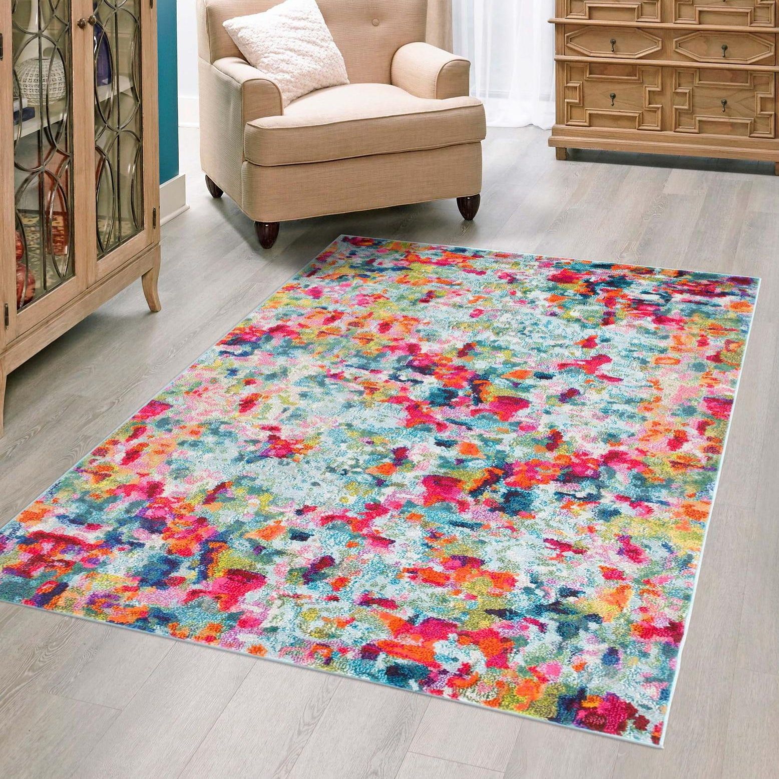 Colorful Abstract Synthetic Washable Reversible Area Rug