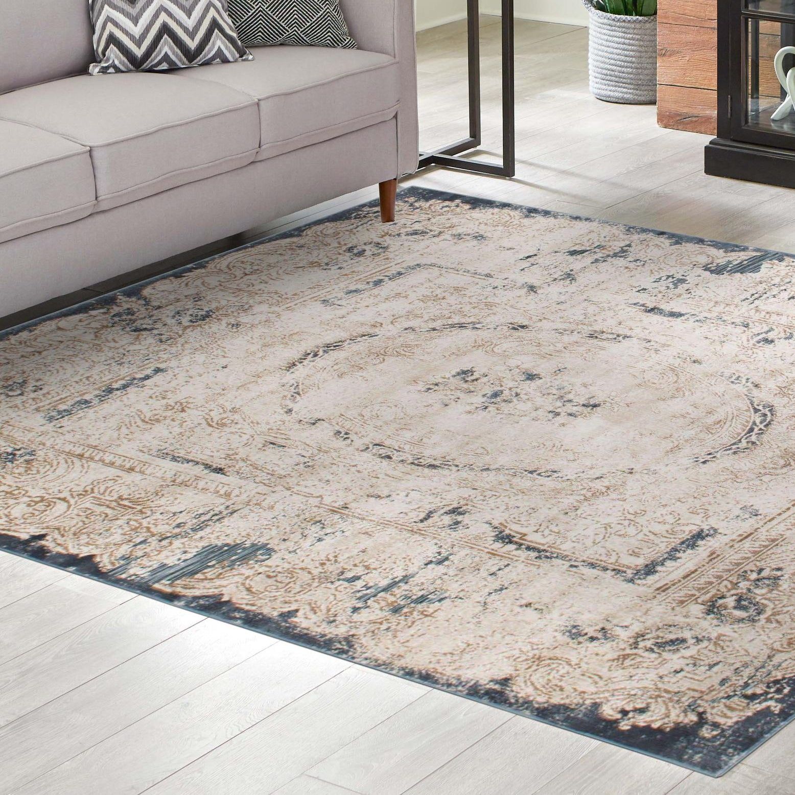 Ivory and Navy Blue Medallion Square Indoor Rug, 7' x 7', Easy Care