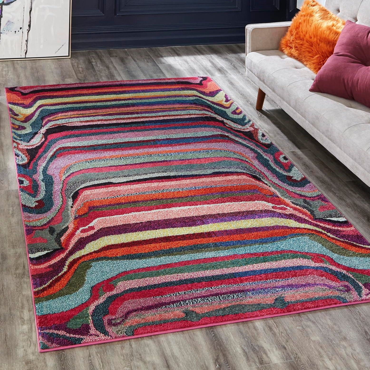 Colorful Abstract Striped Reversible 4' x 6' Synthetic Rug