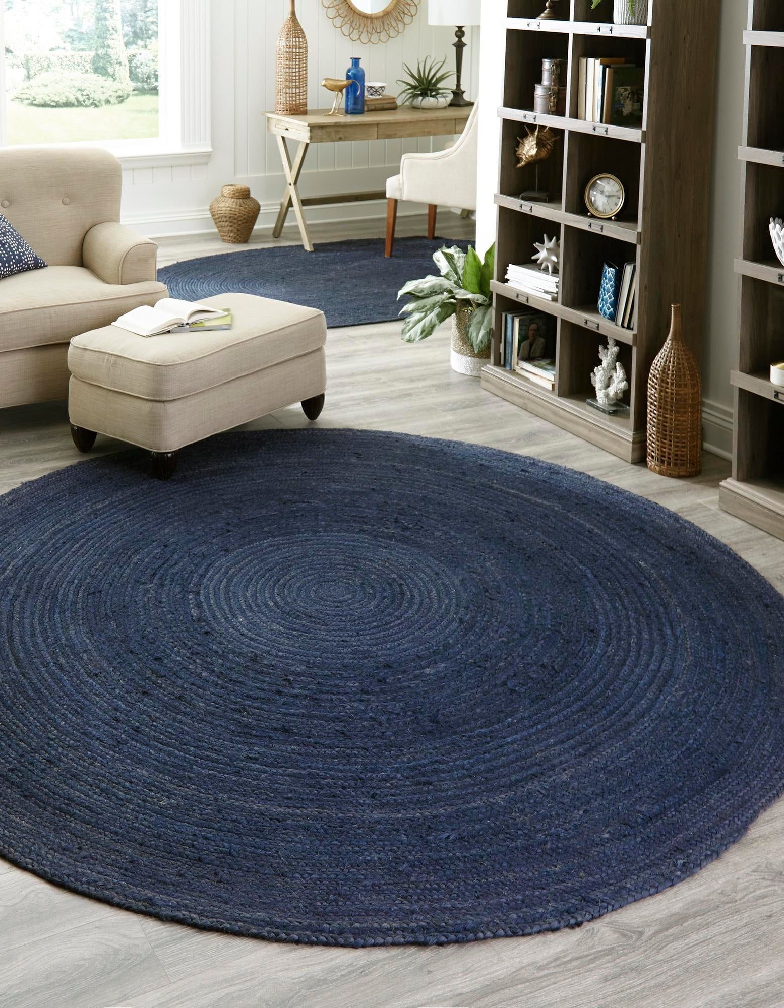 Handmade Navy Blue Braided Jute 3'3" Round Rug