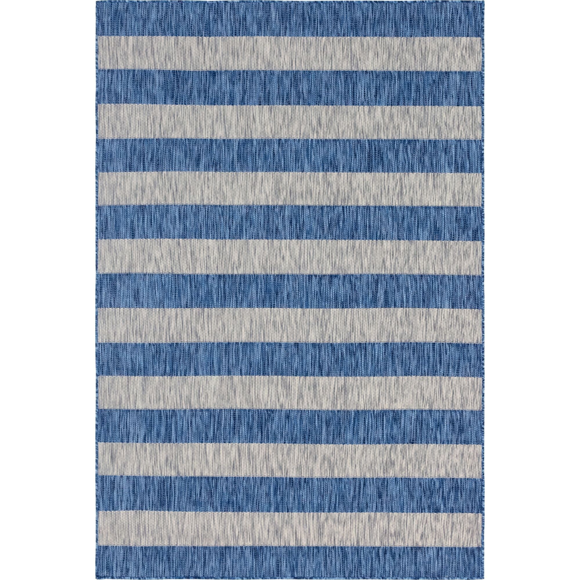 Coastal Breeze Blue and Ivory Stripe 6' x 9' Easy-Care Outdoor Rug