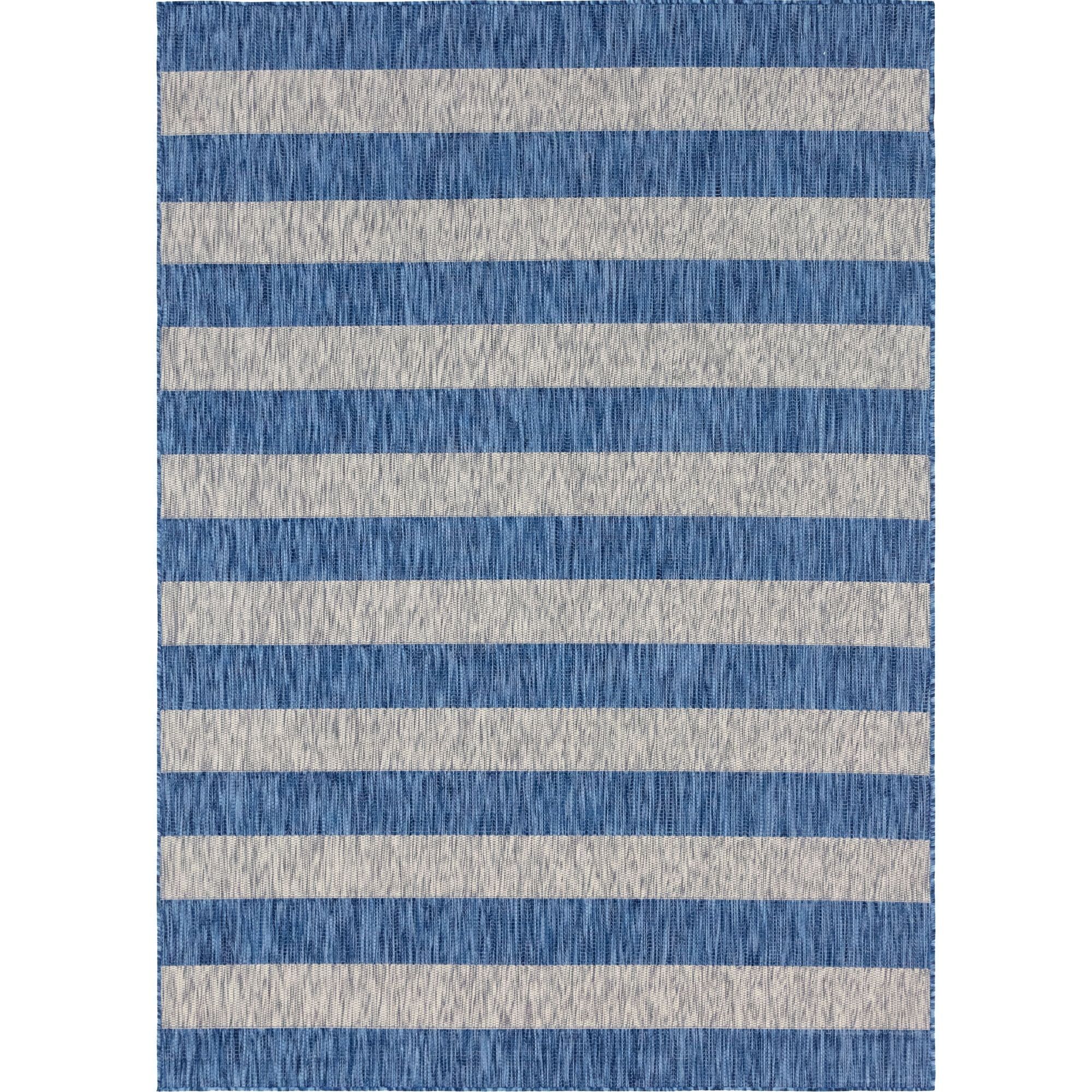 Blue Ivory Stripe Easy-Care Synthetic Outdoor Rug 7'1" x 10'