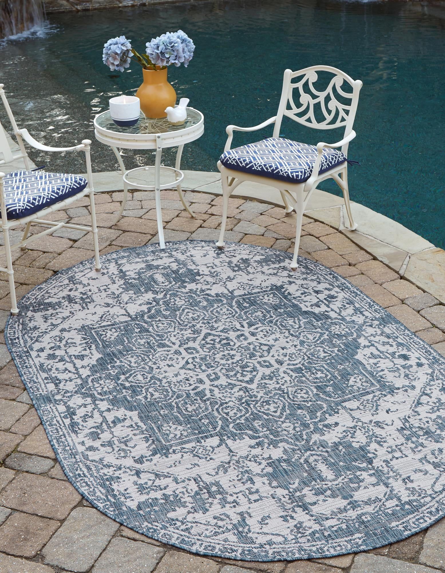 Blue/Ivory Oval Synthetic Medallion Outdoor Rug, 5'3" x 8'