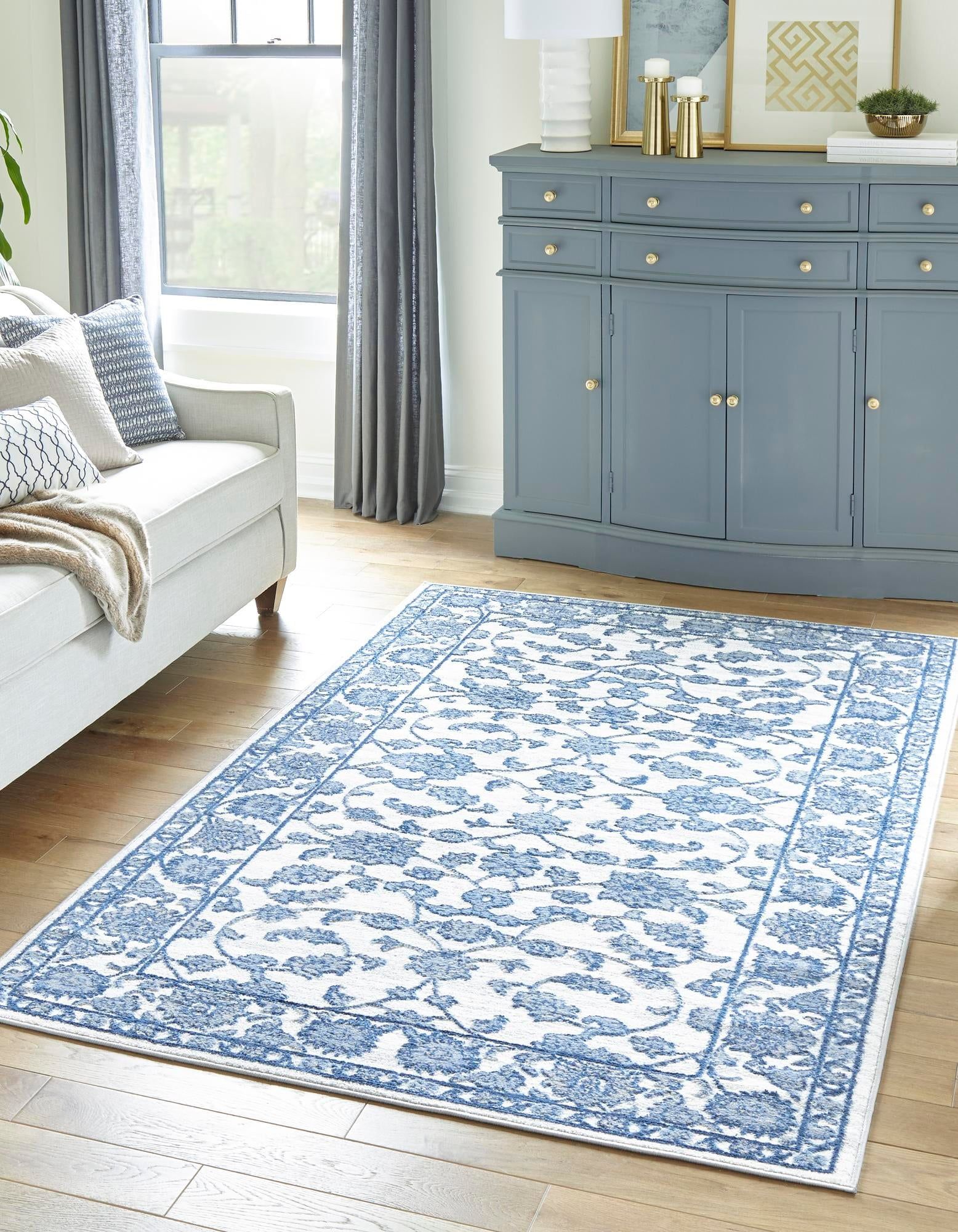 White Blue Floral Rectangular Synthetic Easy Care Rug