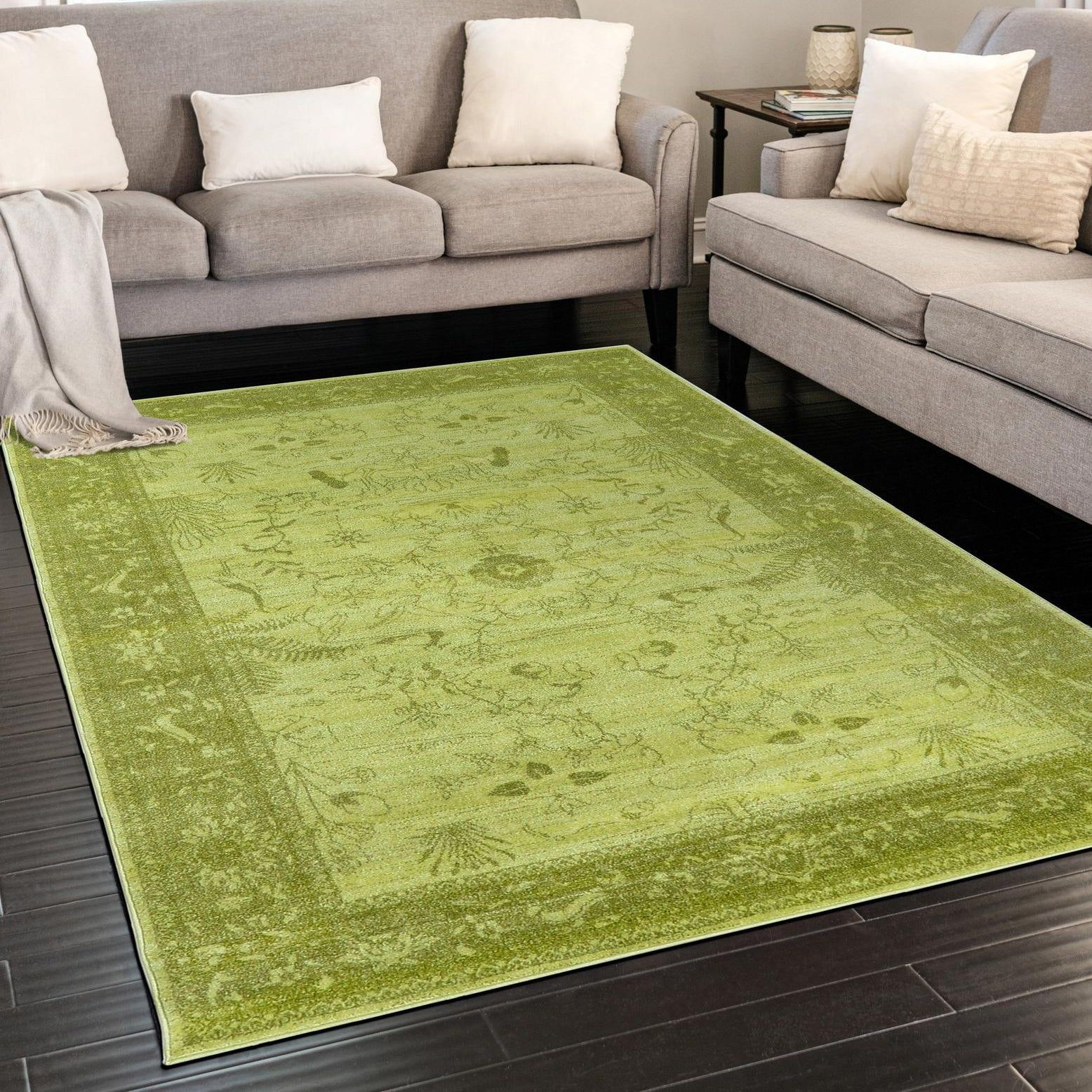 Light Green Floral Synthetic Reversible Area Rug