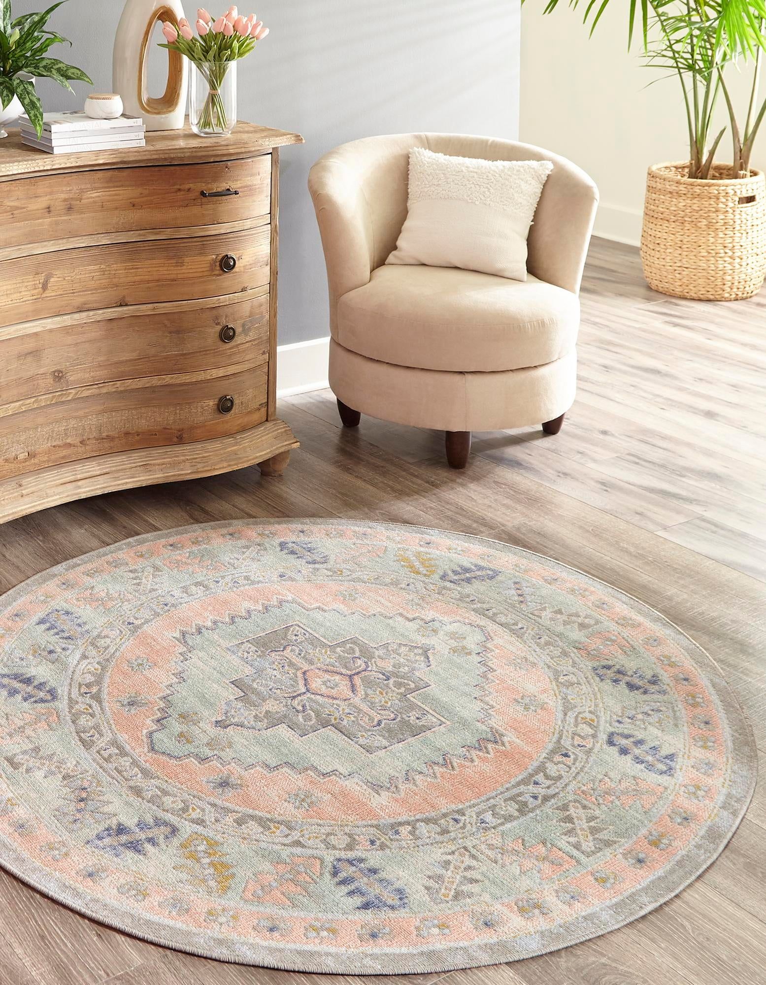 Powder Pink/Ivory Round Medallion Easy Care Kids Rug 3' 3"