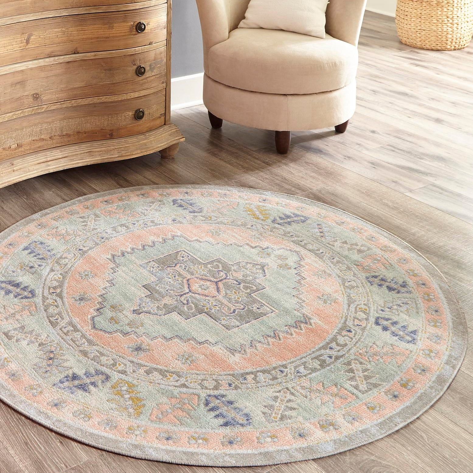 Powder Pink/Ivory Round Medallion Easy Care Kids Rug 3' 3"