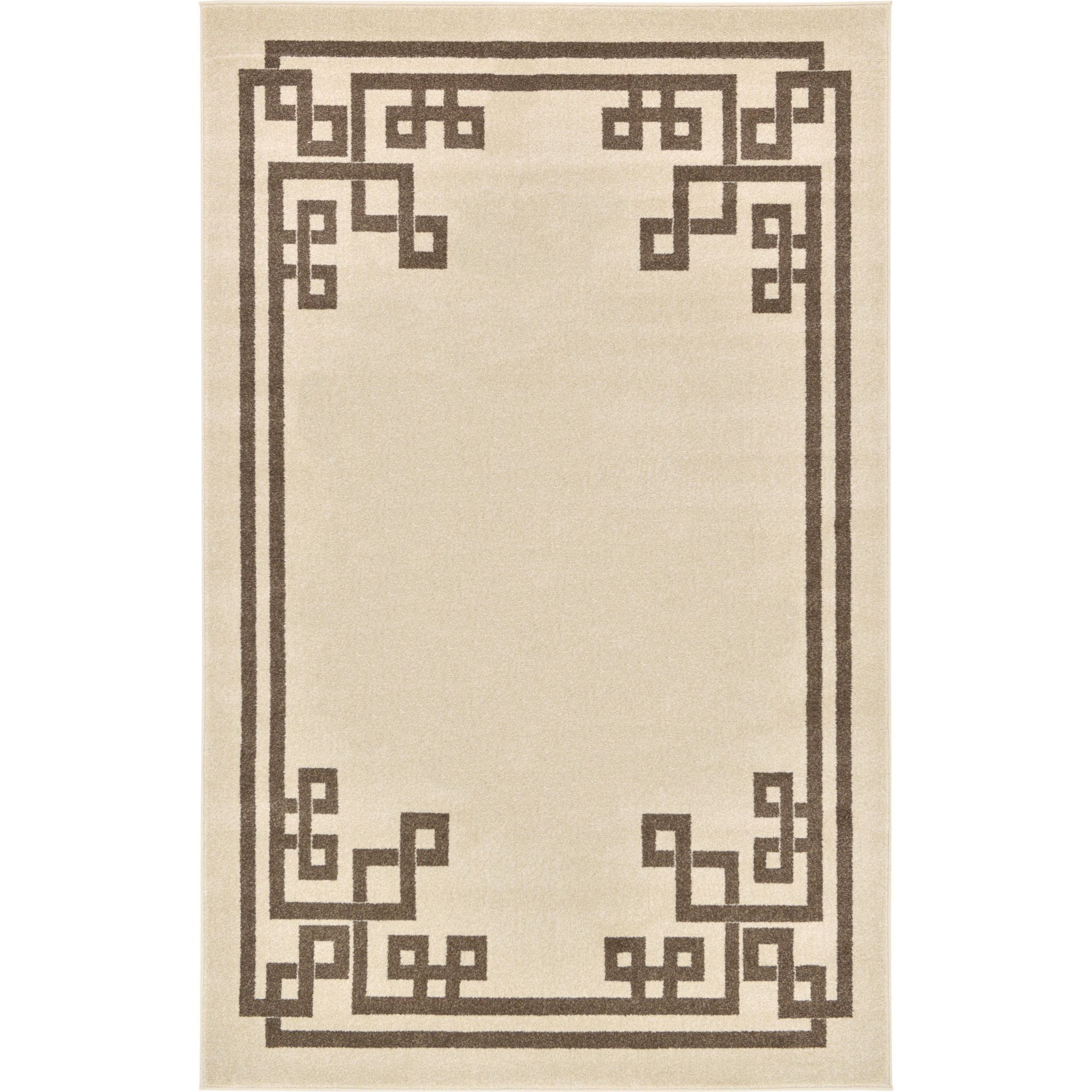 Beige and Brown 5' x 8' Rectangular Geometric Easy-Care Rug