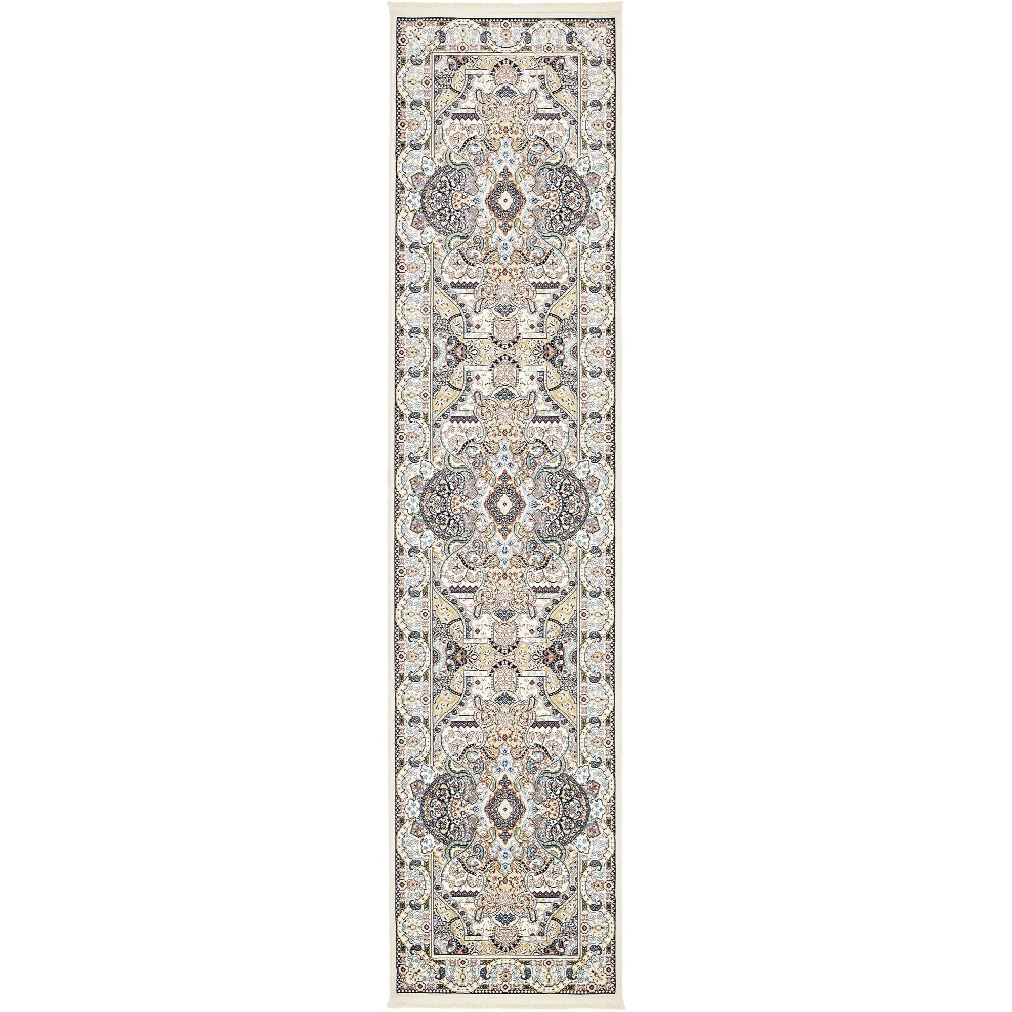 Ivory and Blue Synthetic Traditional Runner Rug, 3' x 13'