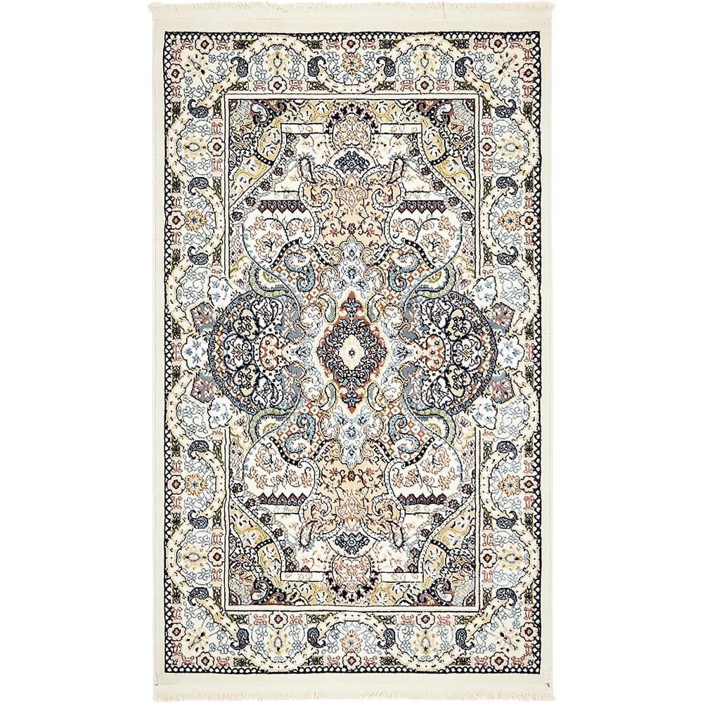 Ivory and Blue Rectangular Stain-Resistant Synthetic Rug