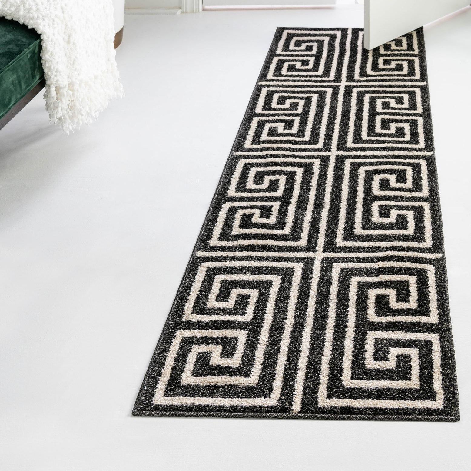 Athens Black and Beige Geometric Runner Rug