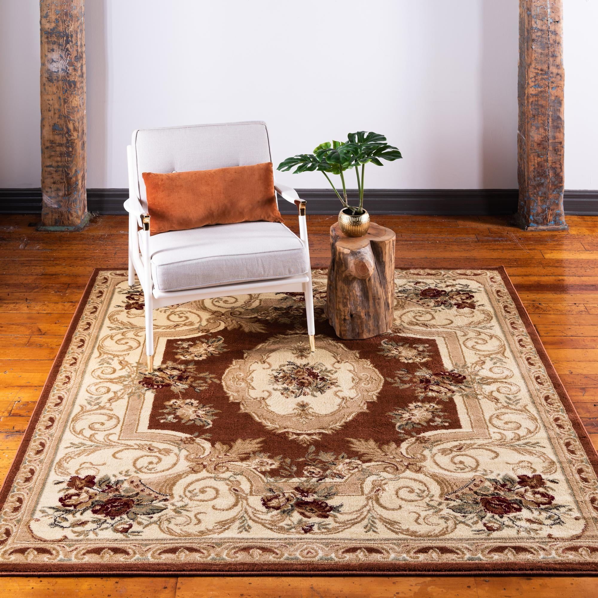 Chateau Collection Brick Red 4' Square Synthetic Rug with Elegant Floral Motif