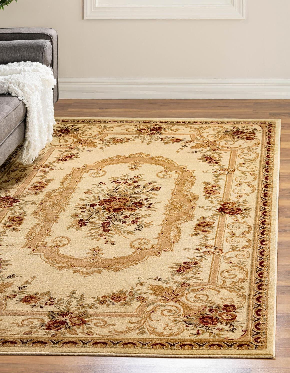 Ivory Tan Floral Synthetic 7' x 10' Rectangular Easy-Care Rug