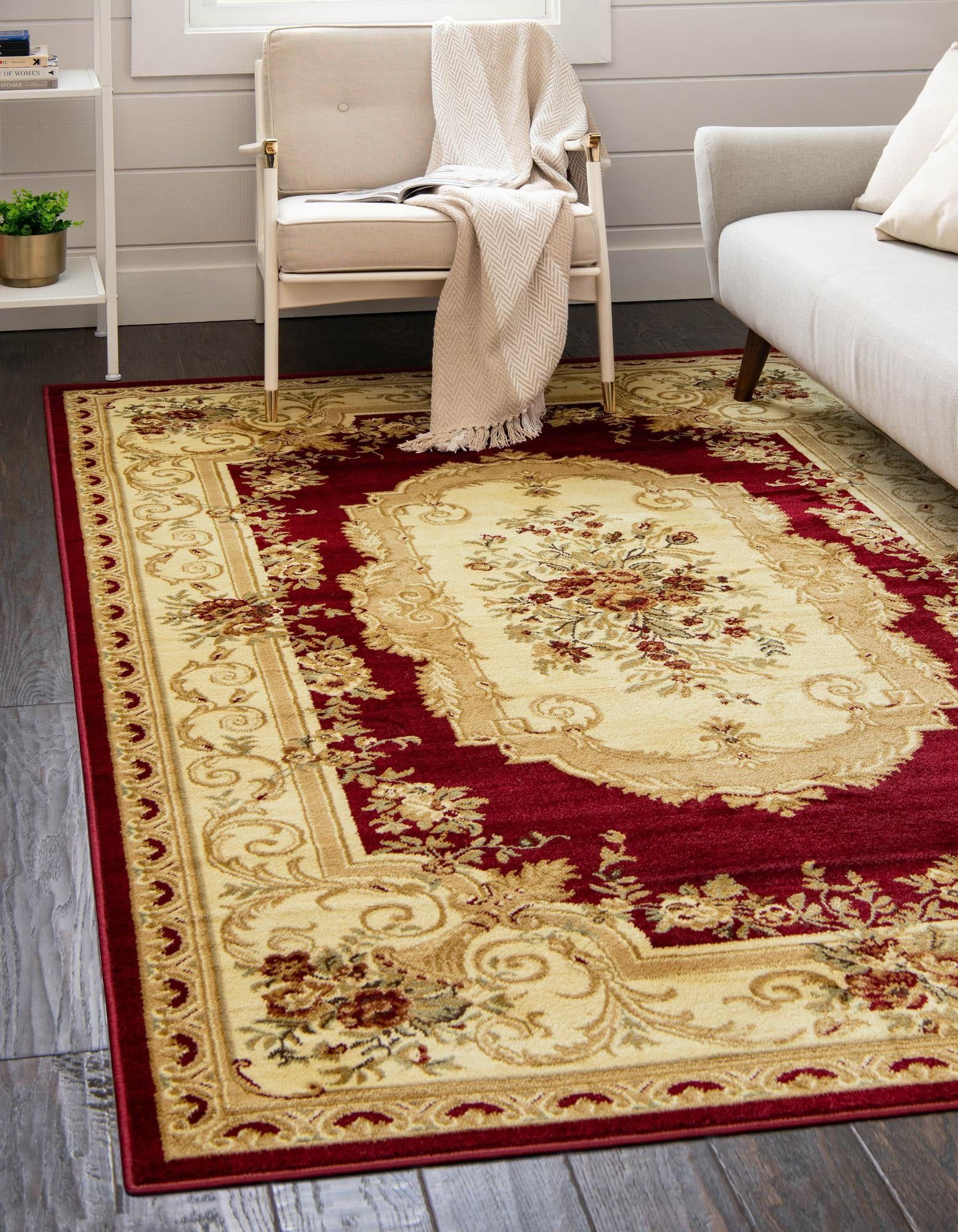 Burgundy and Beige Floral Synthetic 4' x 6' Area Rug