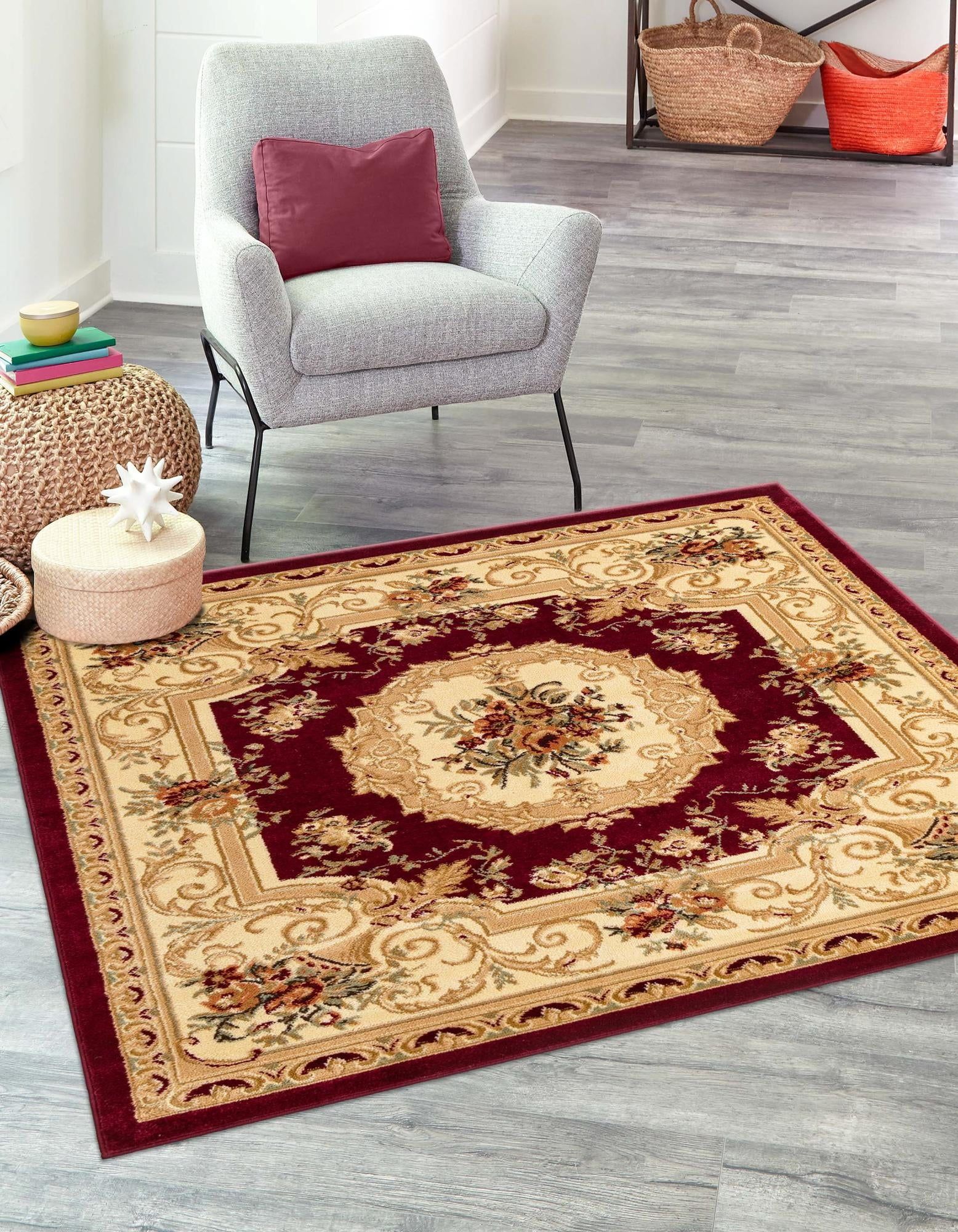 Versailles Red Floral Square Synthetic Rug