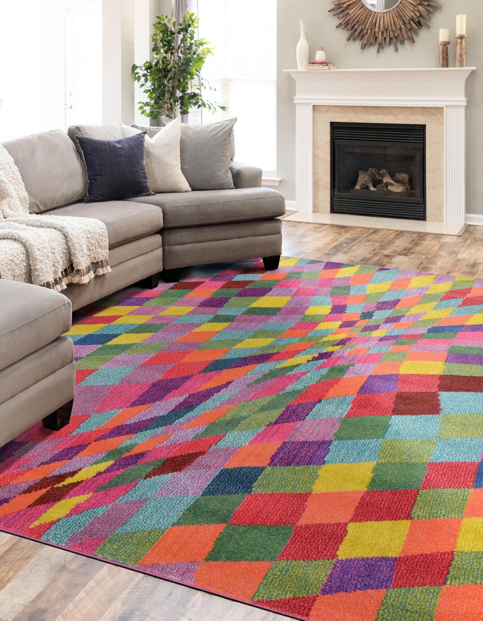 Colorful Geometric Pattern Stain-Resistant Rectangular Rug