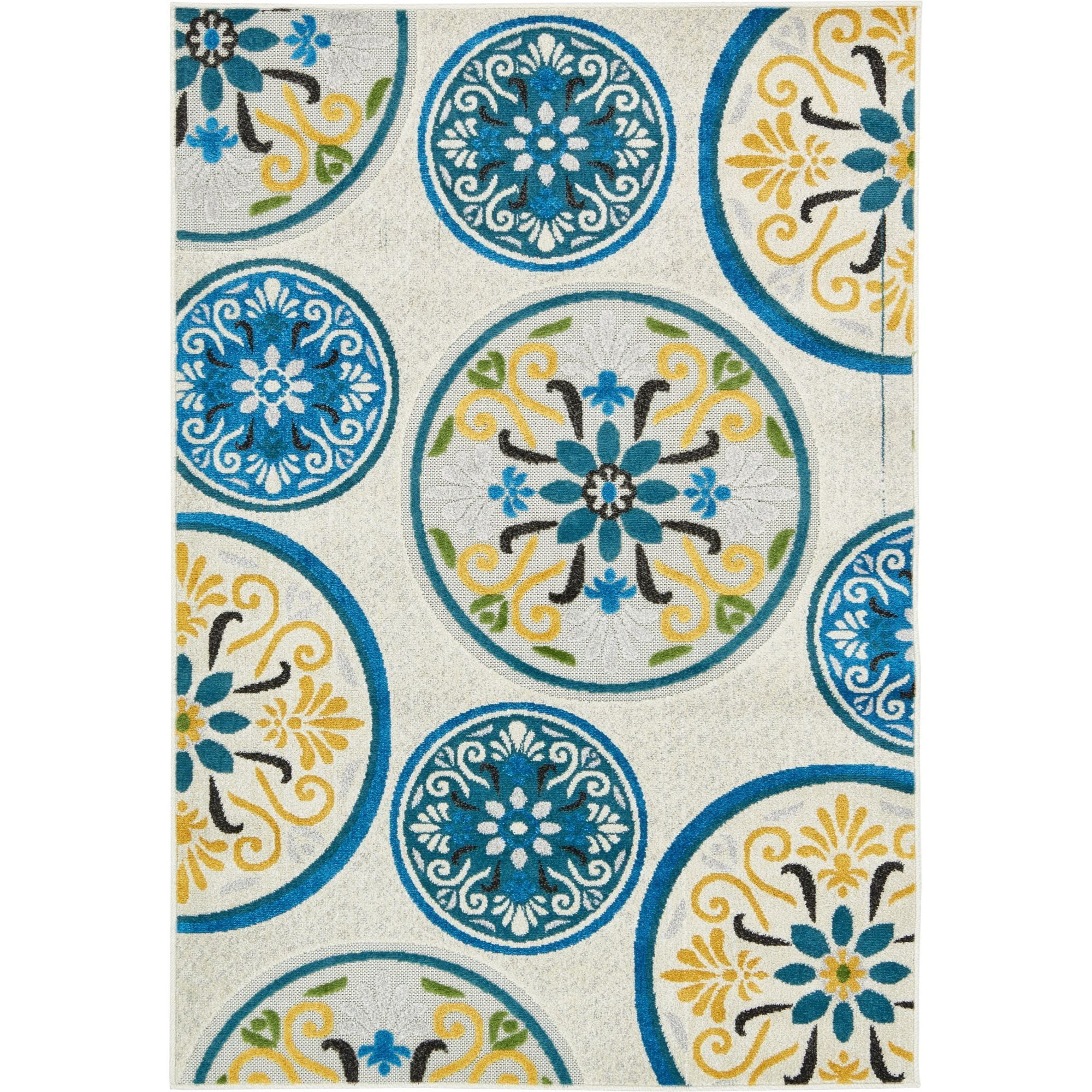 Ivory Floral Synthetic 4' x 6' Easy Care Outdoor Rug