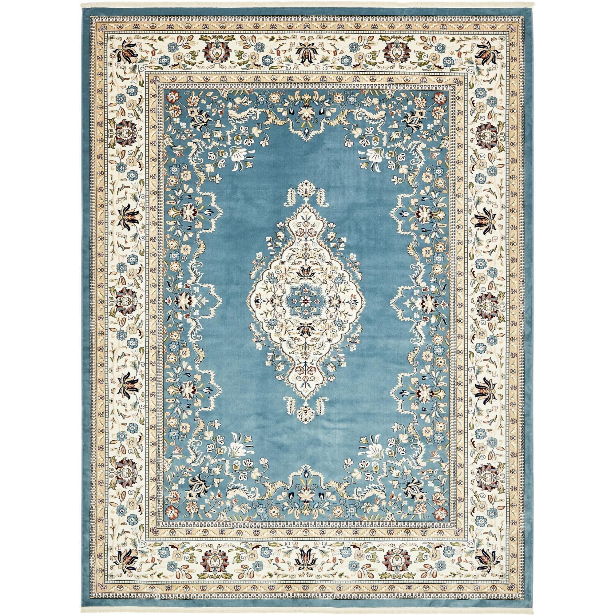 Blue Rectangular Traditional Synthetic Area Rug with Fringe