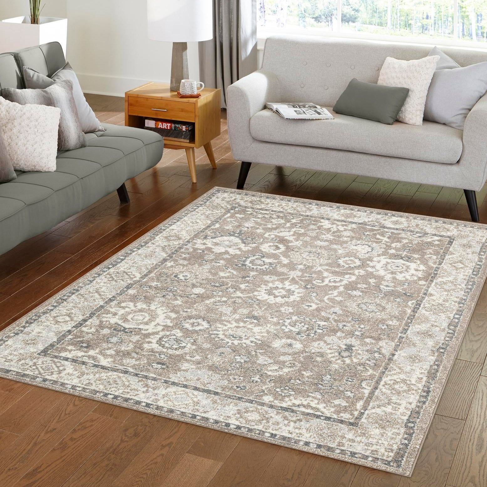 Light Brown Floral Synthetic Rectangular Area Rug