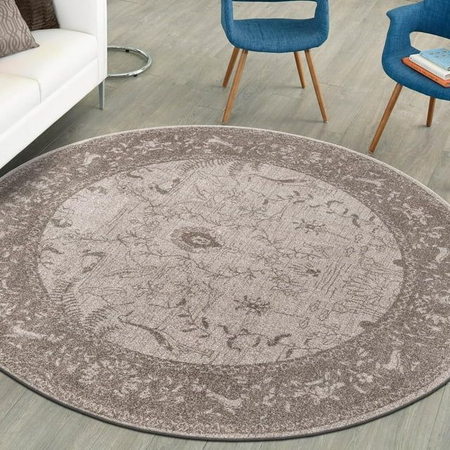 La Jolla Light Gray Floral Round Synthetic Easy Care Rug, 3'3"