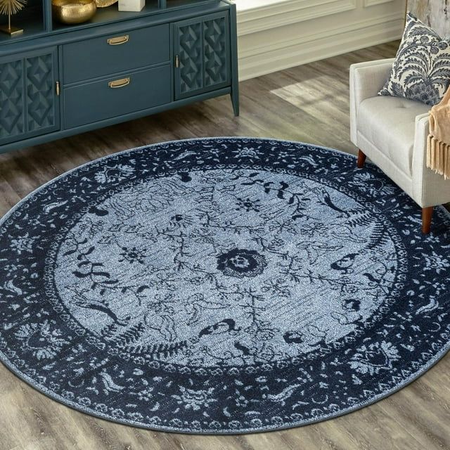 Round Blue Floral Synthetic Easy Care Area Rug